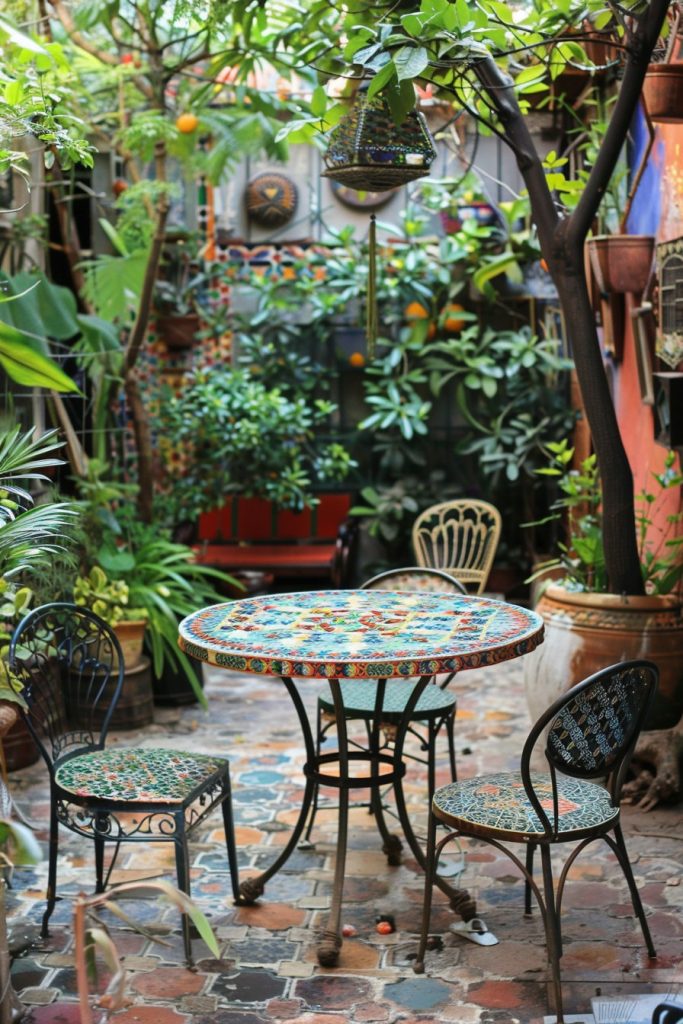 small garden with mosaic tile table