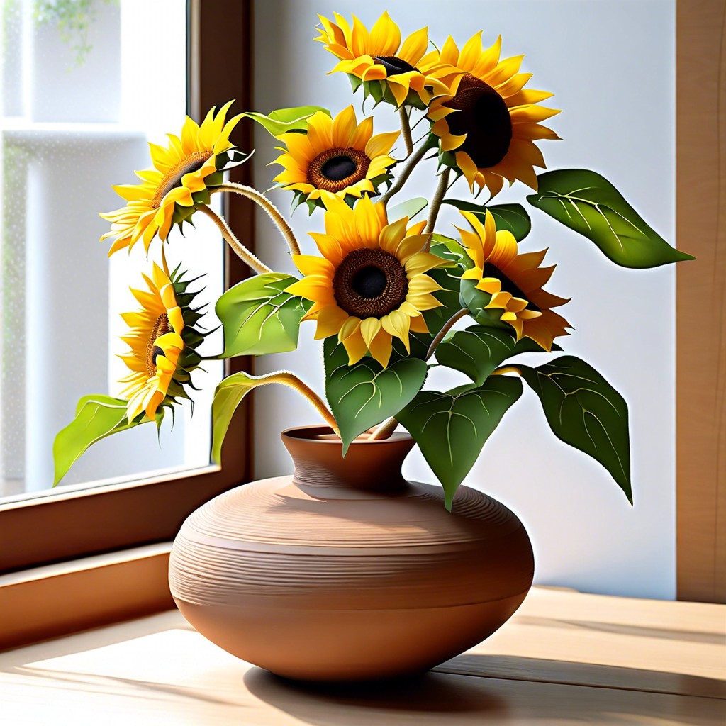 sunflowers in a clay vessel