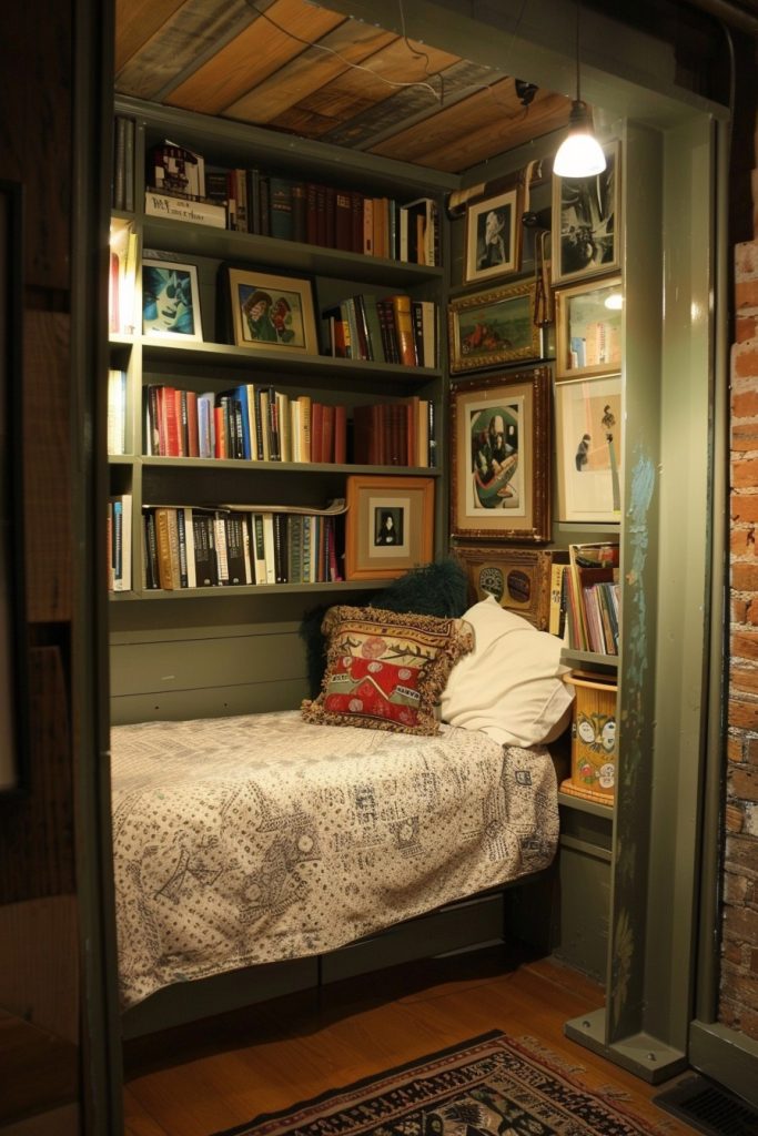tiny closet bedroom with shelves