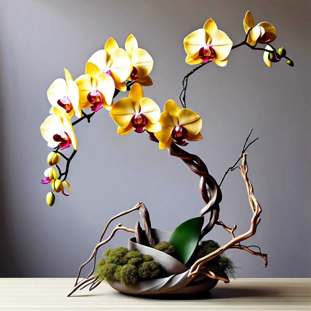 twisted willow branches with orchids