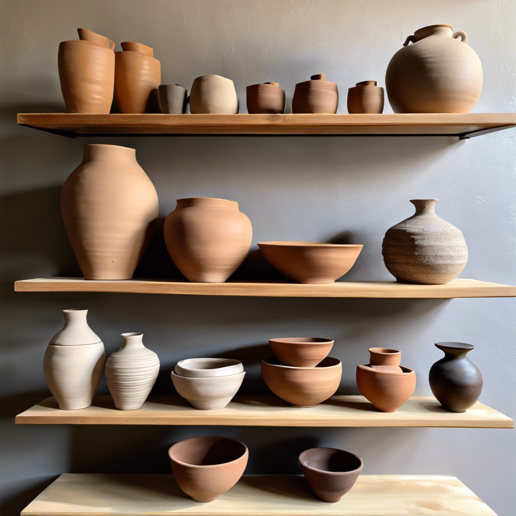 unglazed pottery displayed on shelves