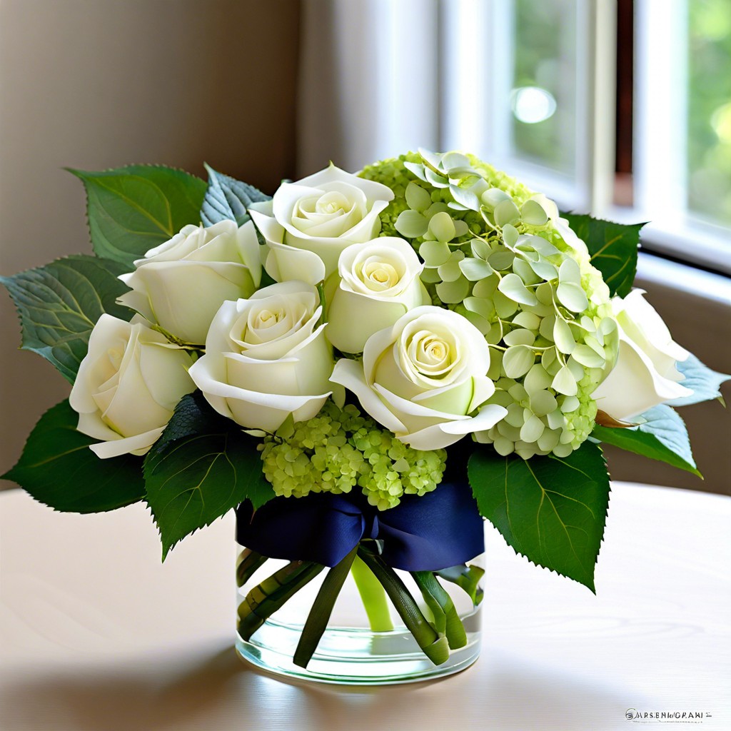 white roses with green hydrangea