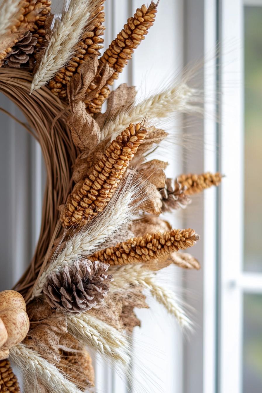 DIY fall wreath decor with dried corn and wheat 2