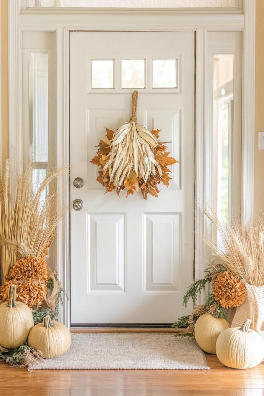 DIY fall wreath decor with dried corn and wheat