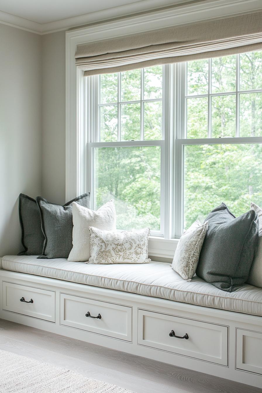 chic bedroom window seat with drawers 2