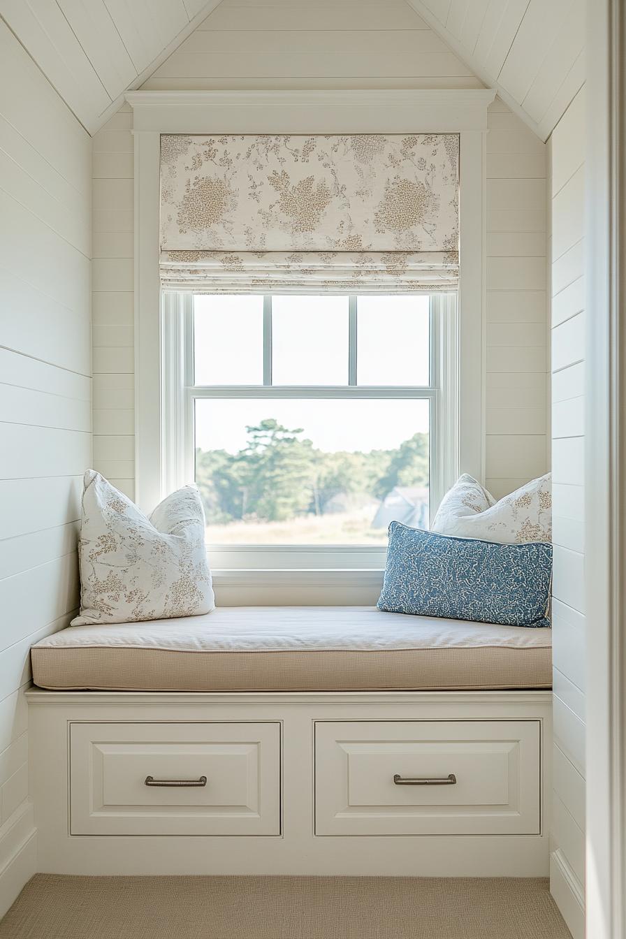 chic bedroom window seat with drawers