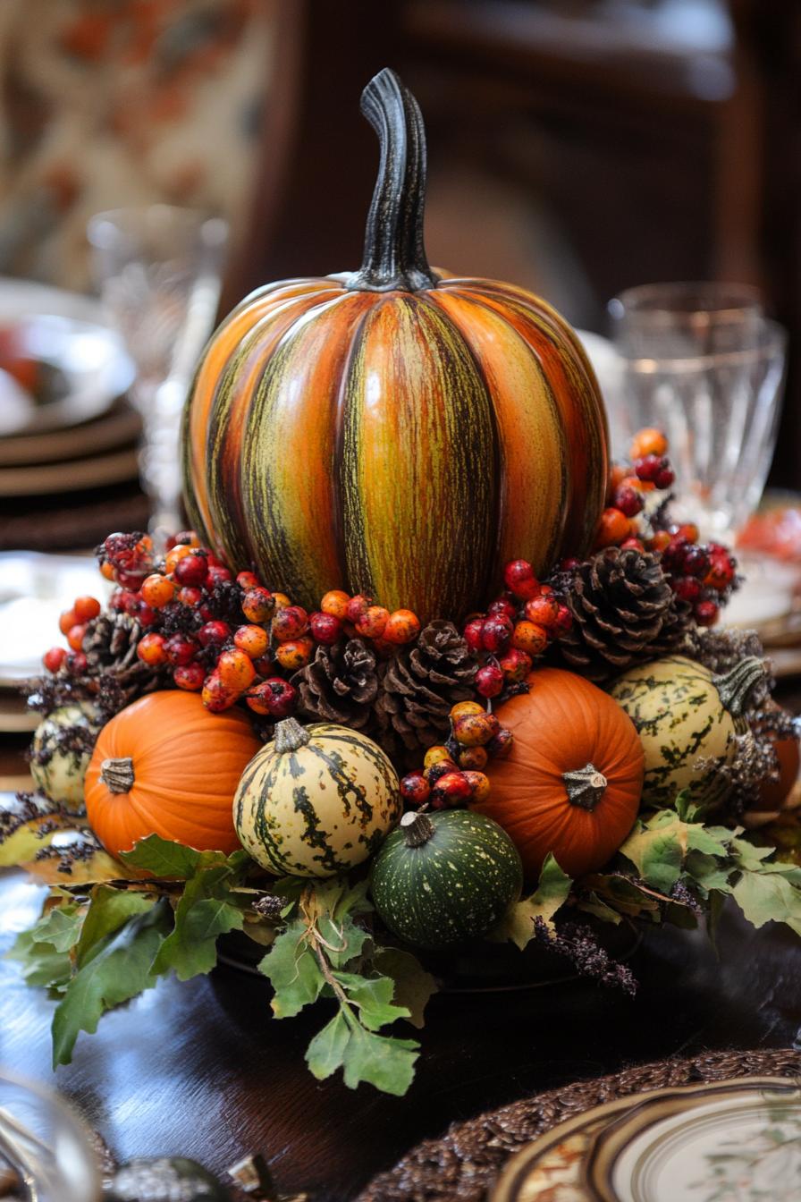 fall decor table centerpiece with pumpkin and gourd arrangement 1