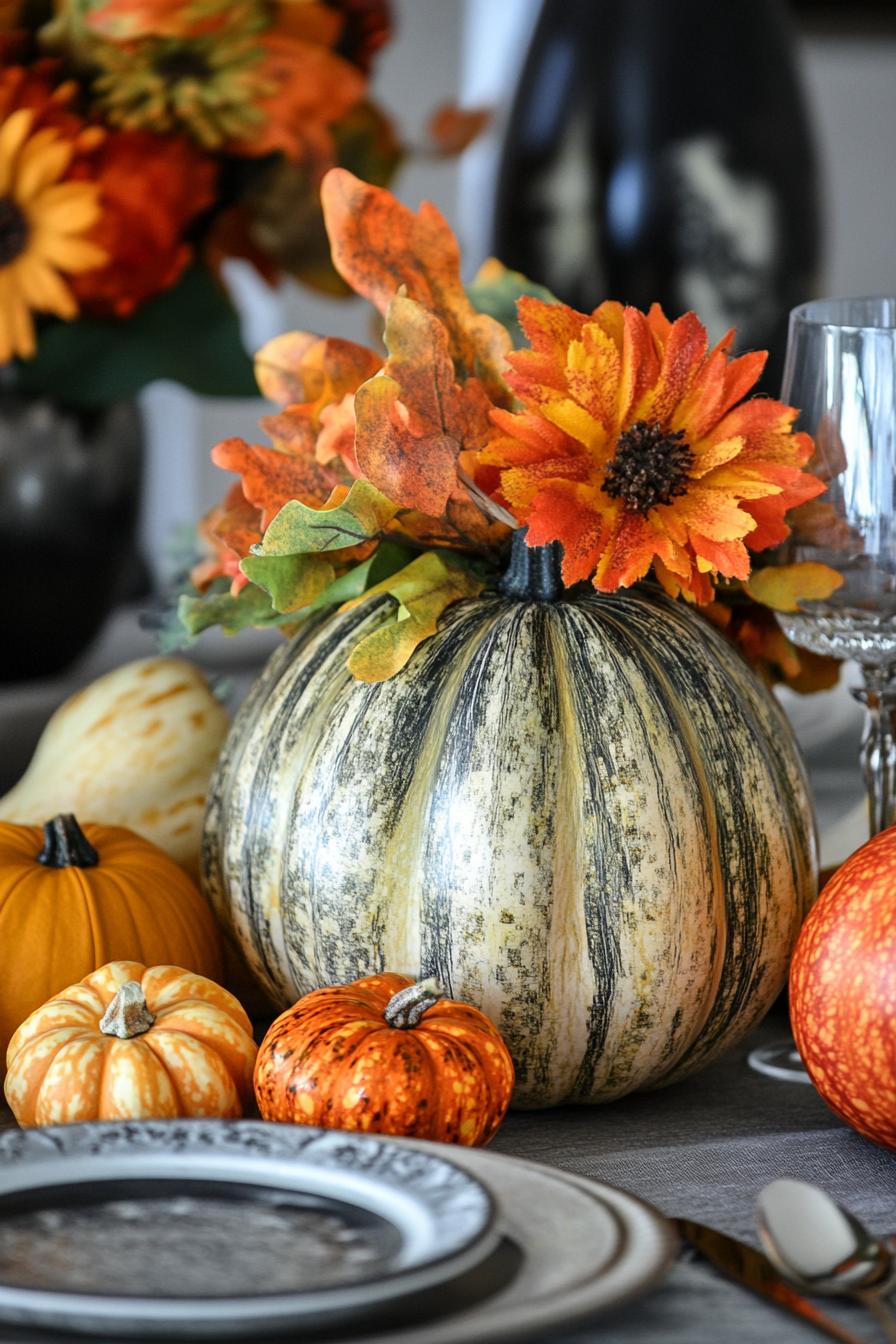 fall decor table centerpiece with pumpkin and gourd arrangement 2