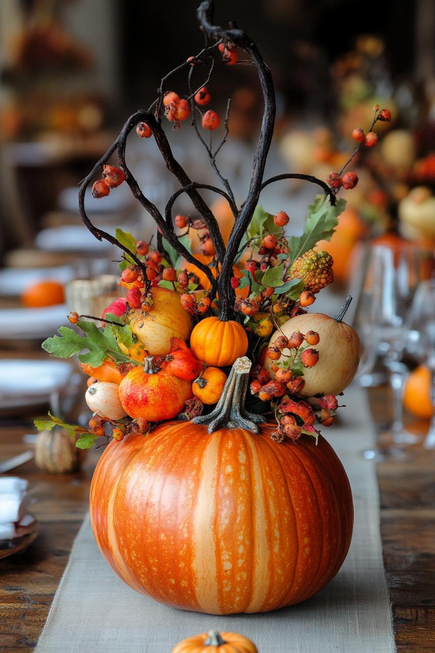 fall decor table centerpiece with pumpkin and gourd arrangement 3