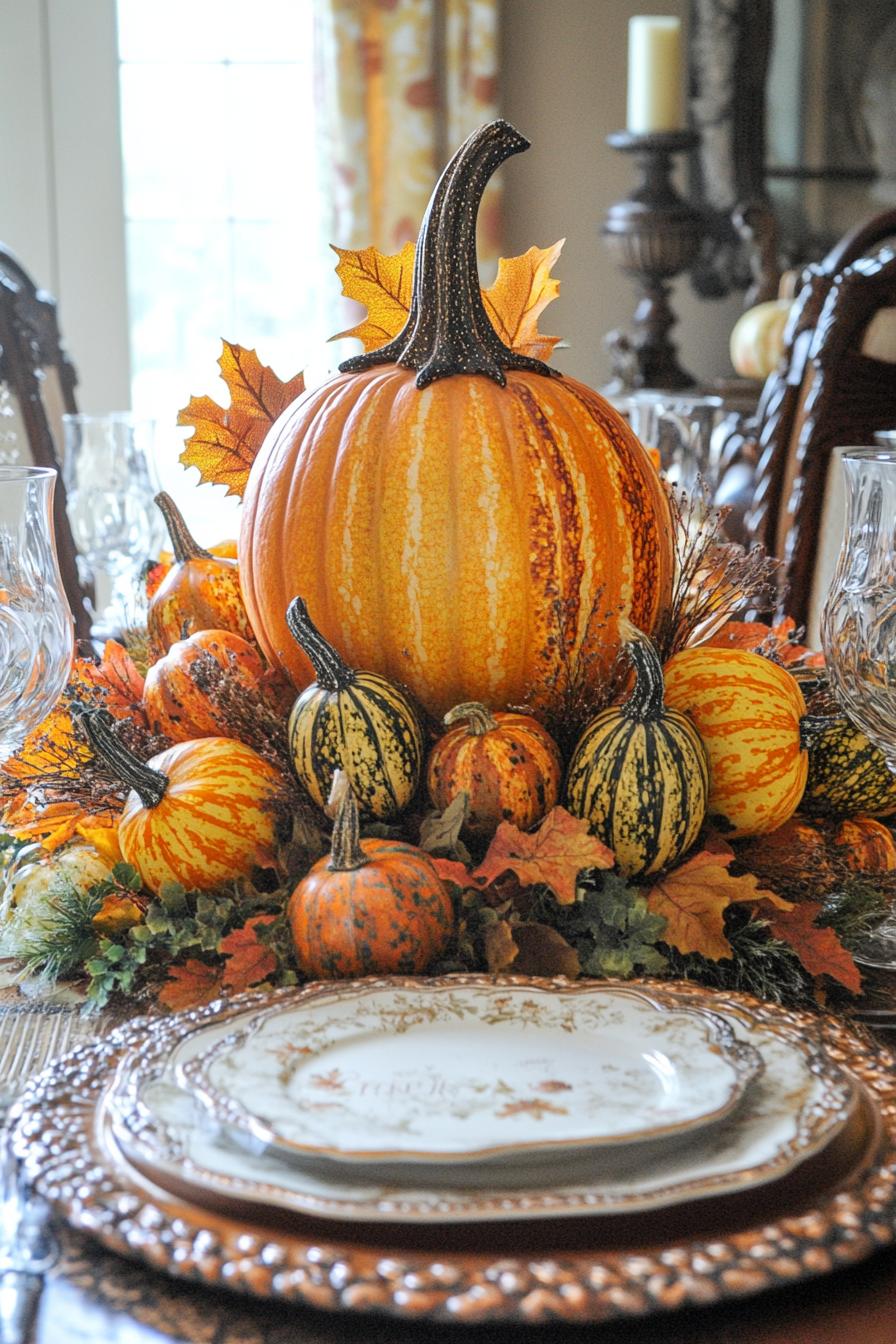 fall decor table centerpiece with pumpkin and gourd arrangement