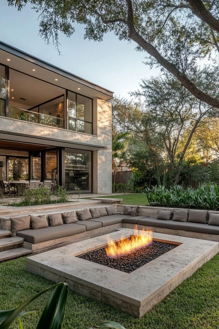 modern backyard with sunken firepit and stone seating 1