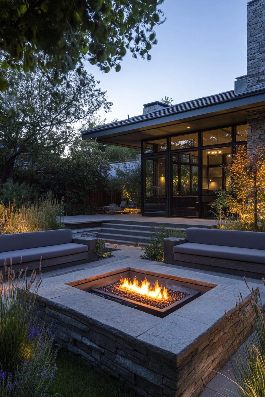 modern backyard with sunken firepit and stone seating 2