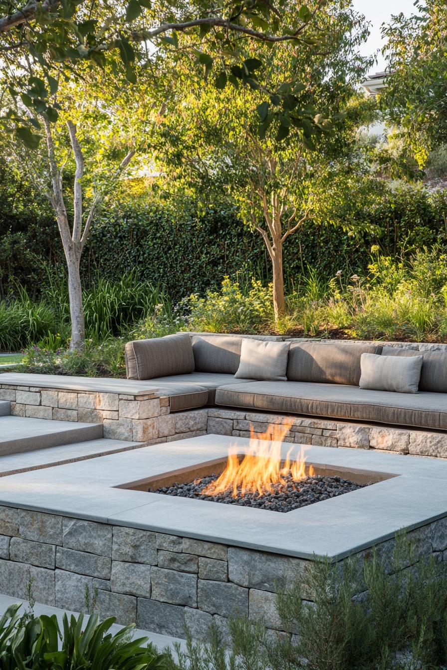 modern backyard with sunken firepit and stone seating 3