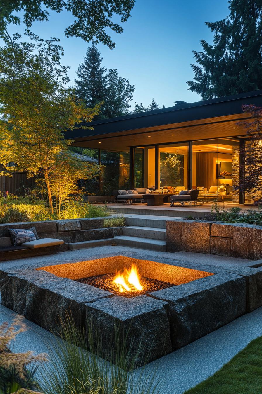 modern backyard with sunken firepit and stone seating