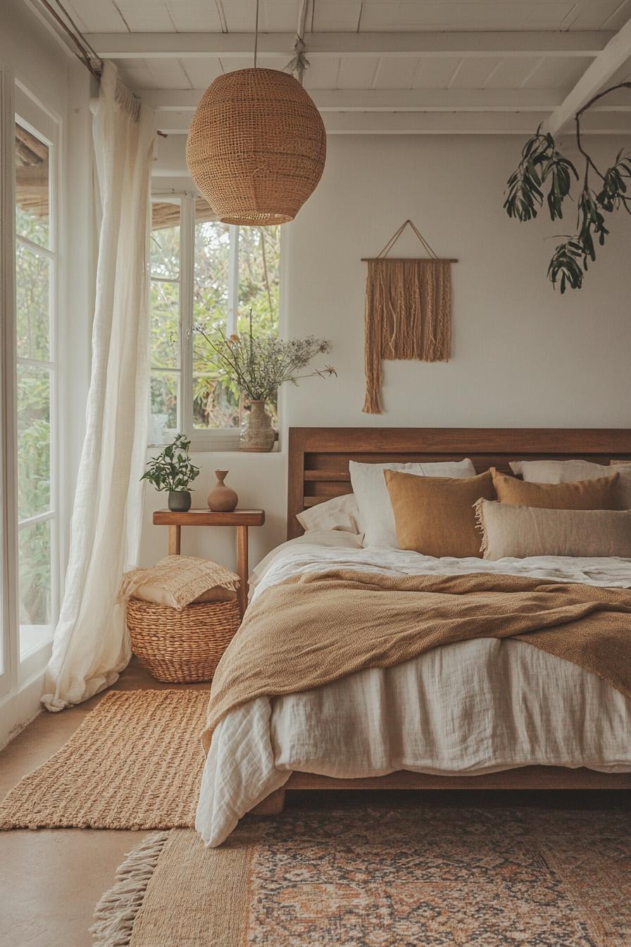 modern boho bedroom interior in earthy tones