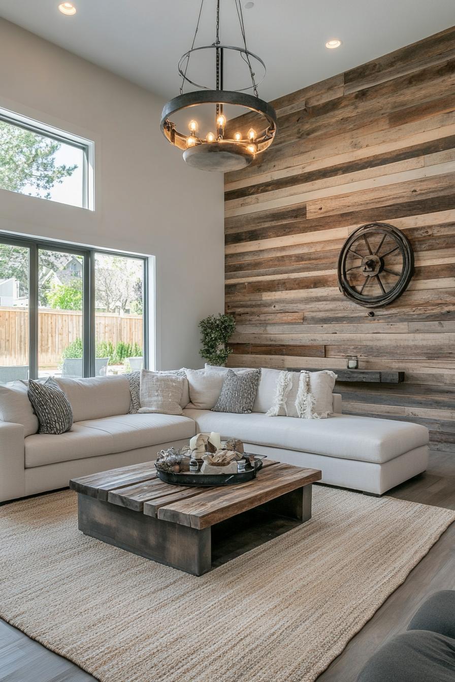 modern farmhouse interior living room with rustic wood accent wall 1