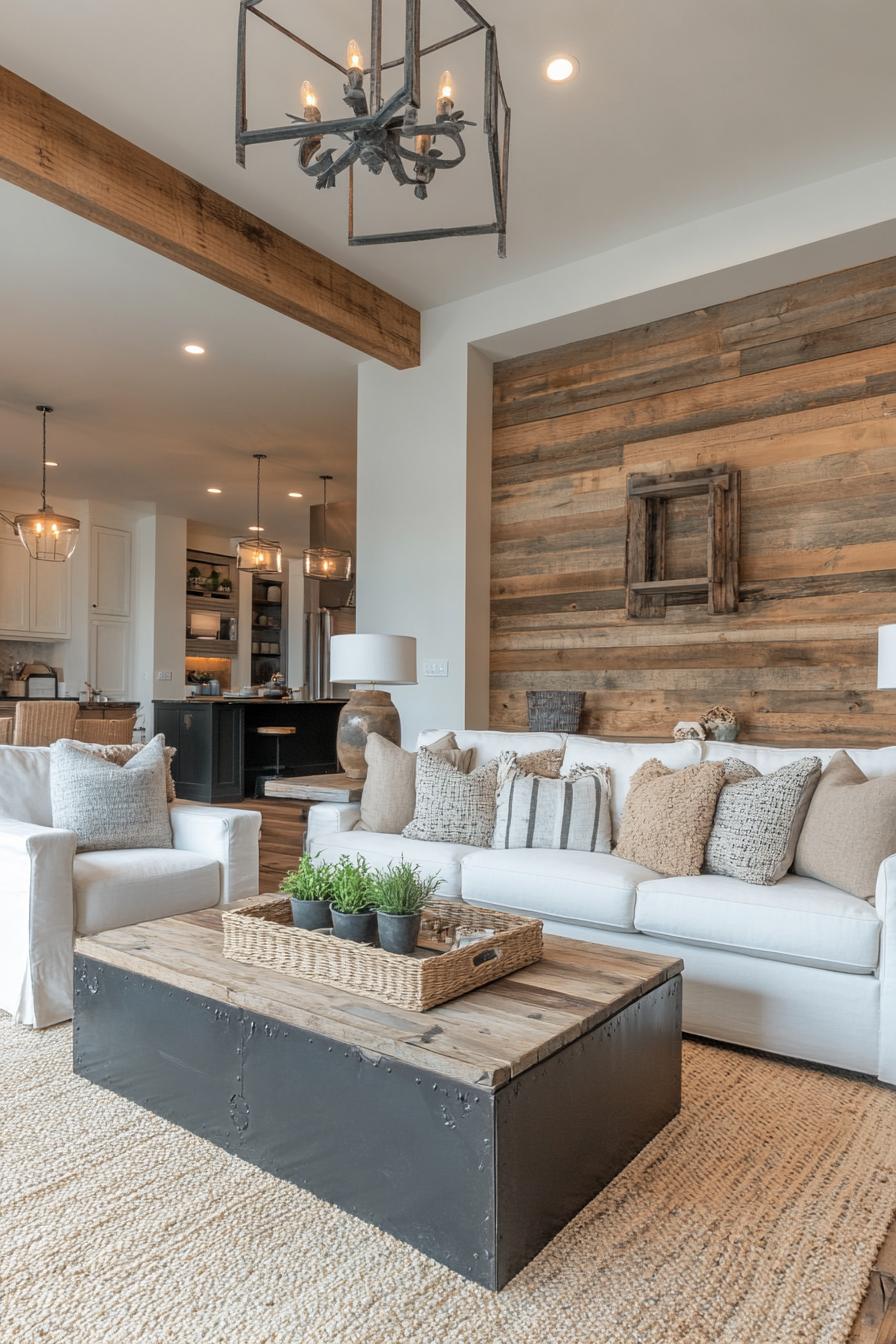 modern farmhouse interior living room with rustic wood accent wall 2