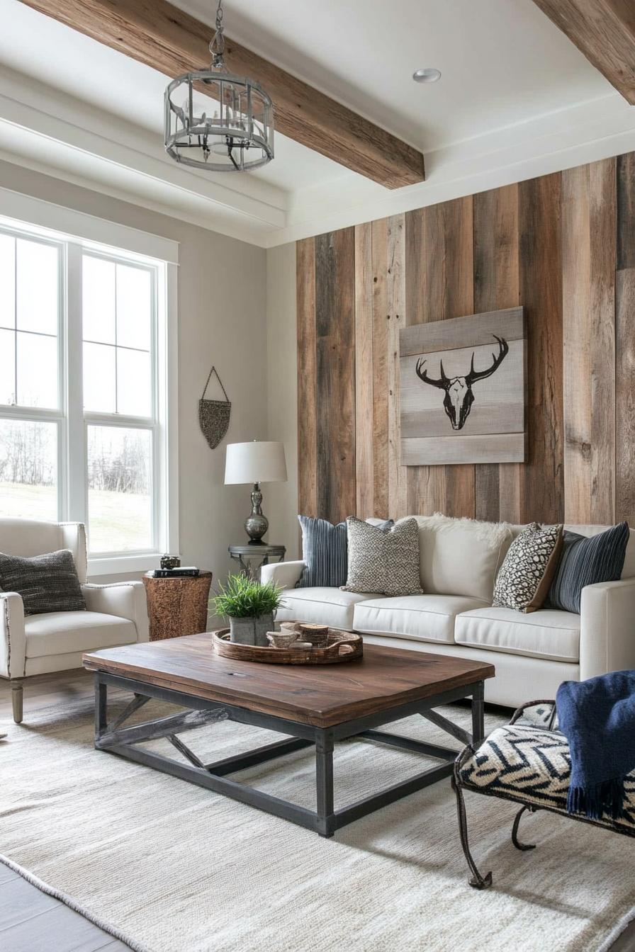 modern farmhouse interior living room with rustic wood accent wall 3