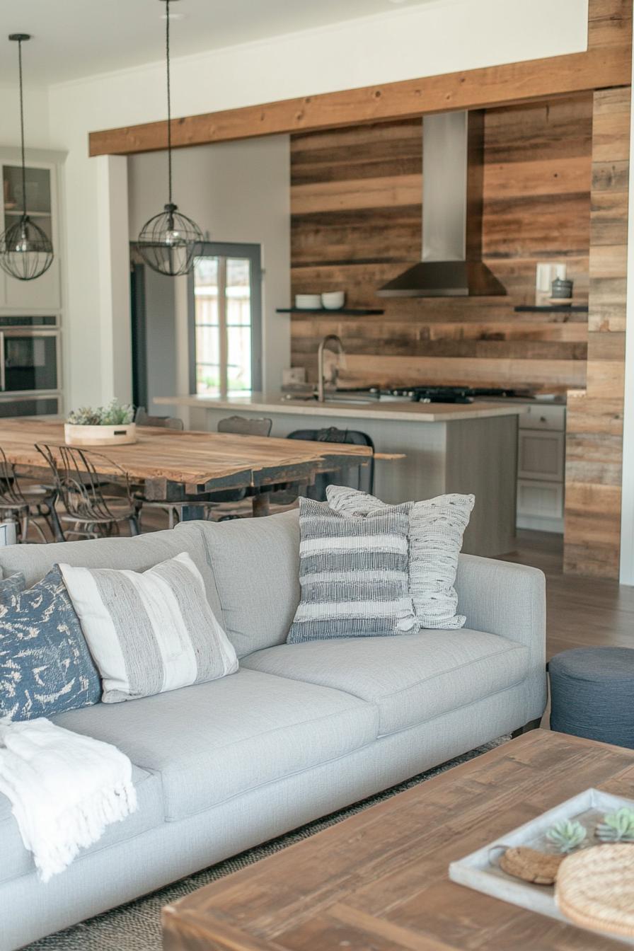 modern farmhouse interior living room with rustic wood accent wall