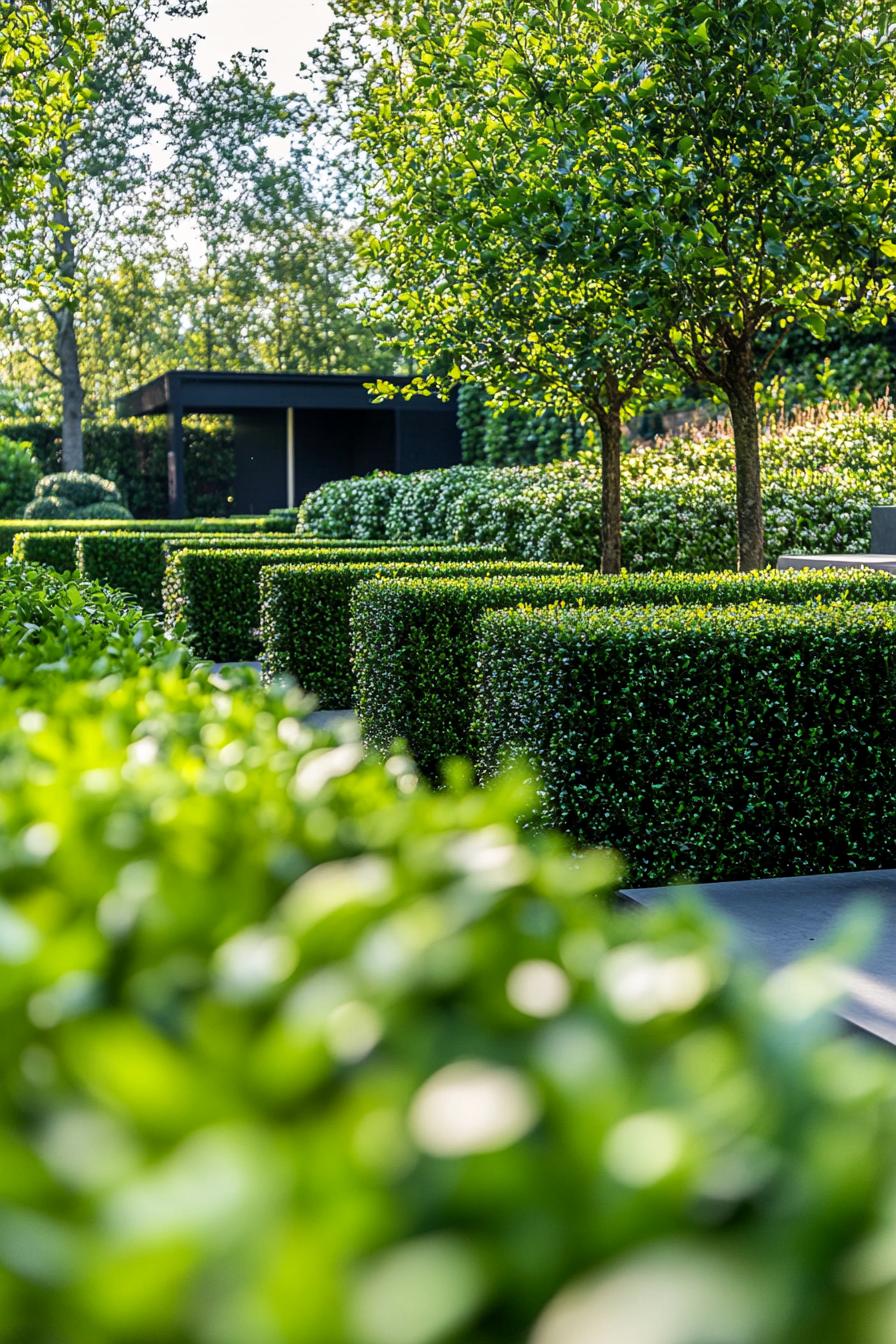 modern garden landscape with mixed evergreen hedges 1