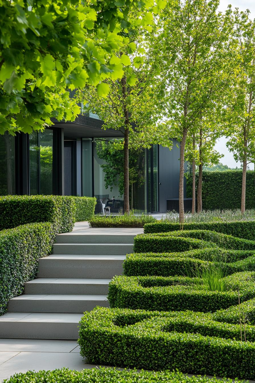 modern garden landscape with mixed evergreen hedges