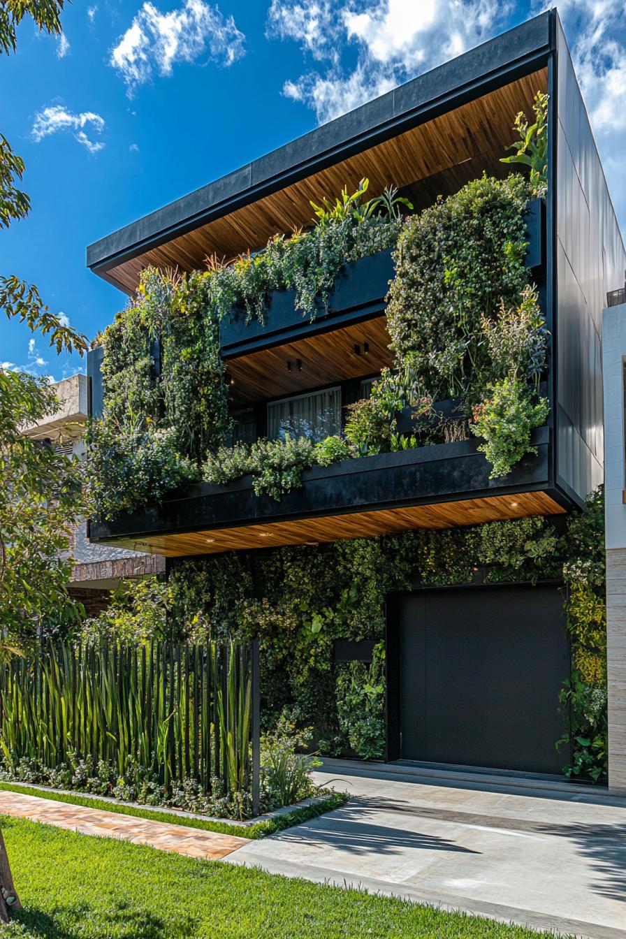 modern house front fence vertical garden wide view