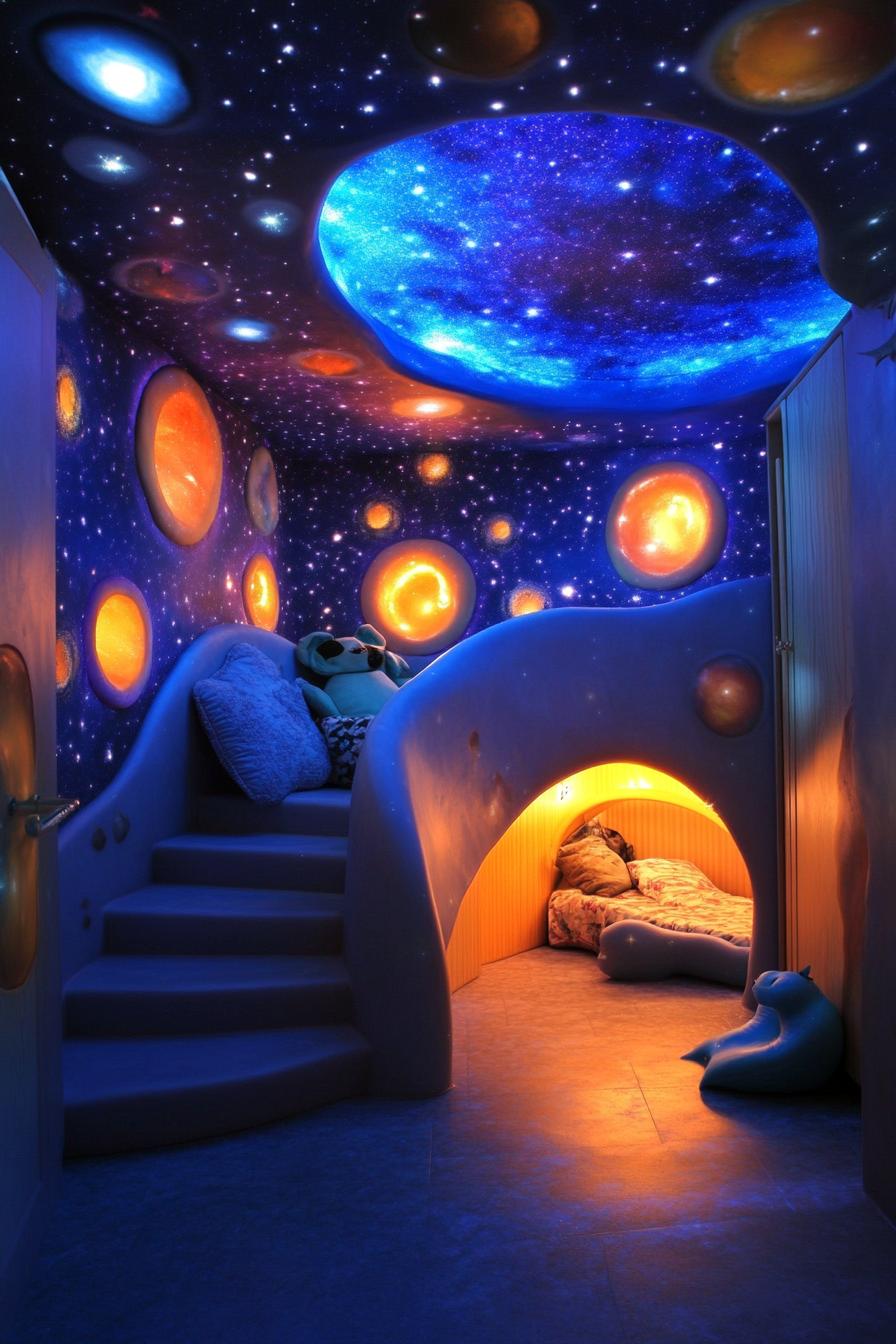 stunningly unique detailed nursery interior in outer space galaxy theme