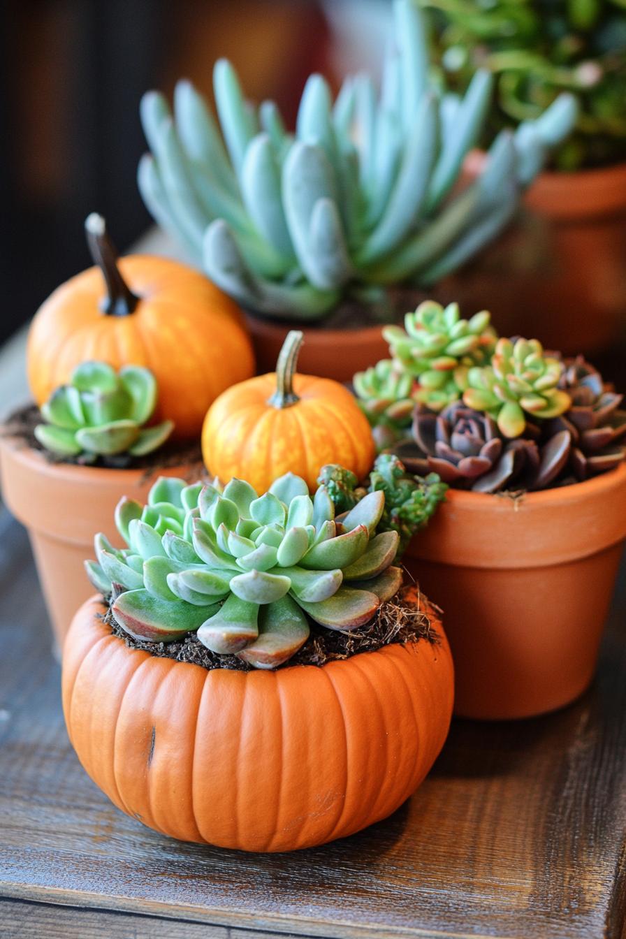 table fall centerpiece with mini pumpkins in succulent pots 1