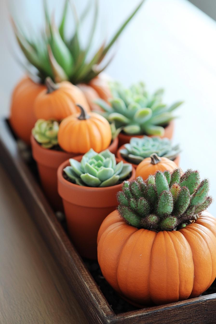 table fall centerpiece with mini pumpkins in succulent pots 2