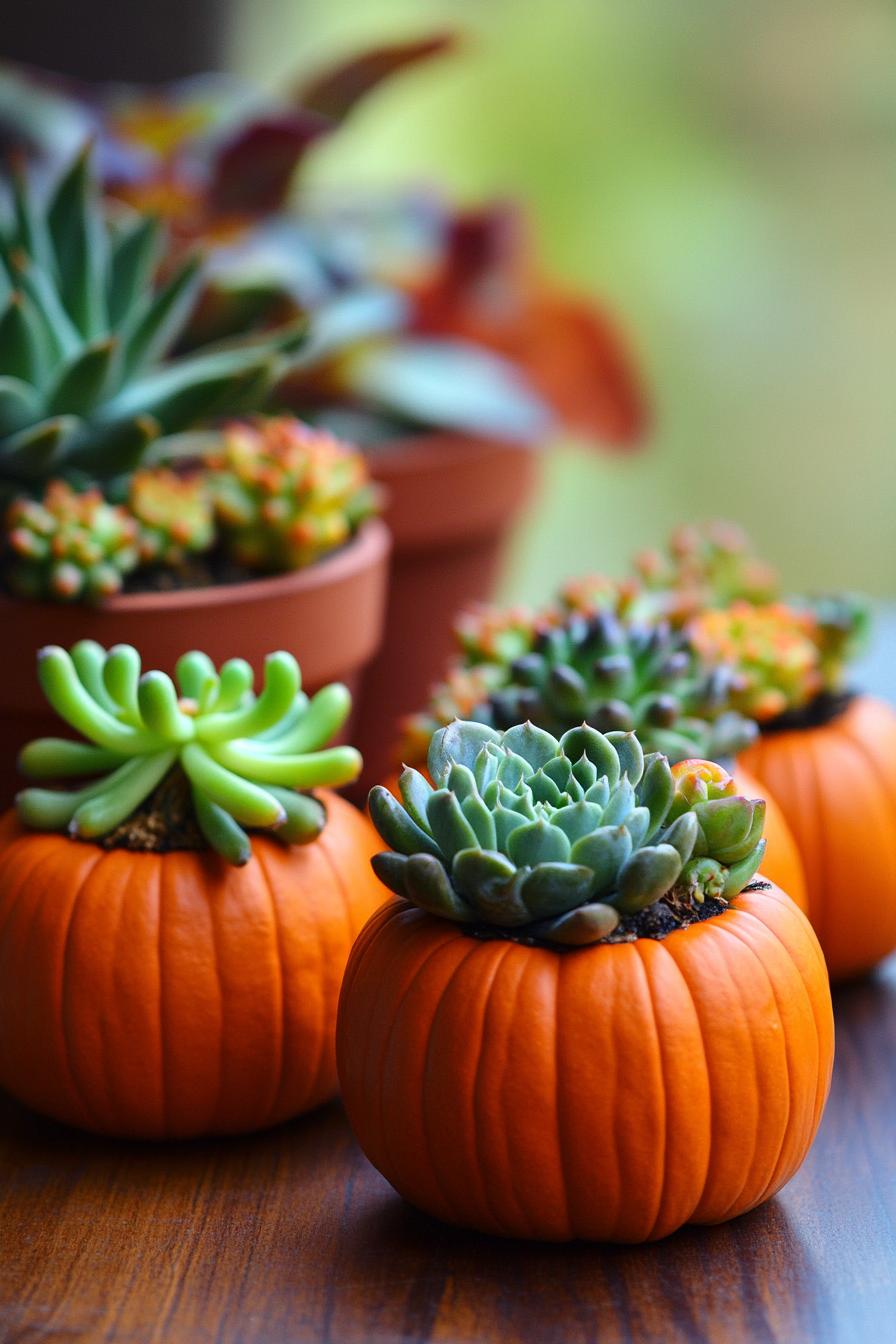 table fall centerpiece with mini pumpkins in succulent pots 3