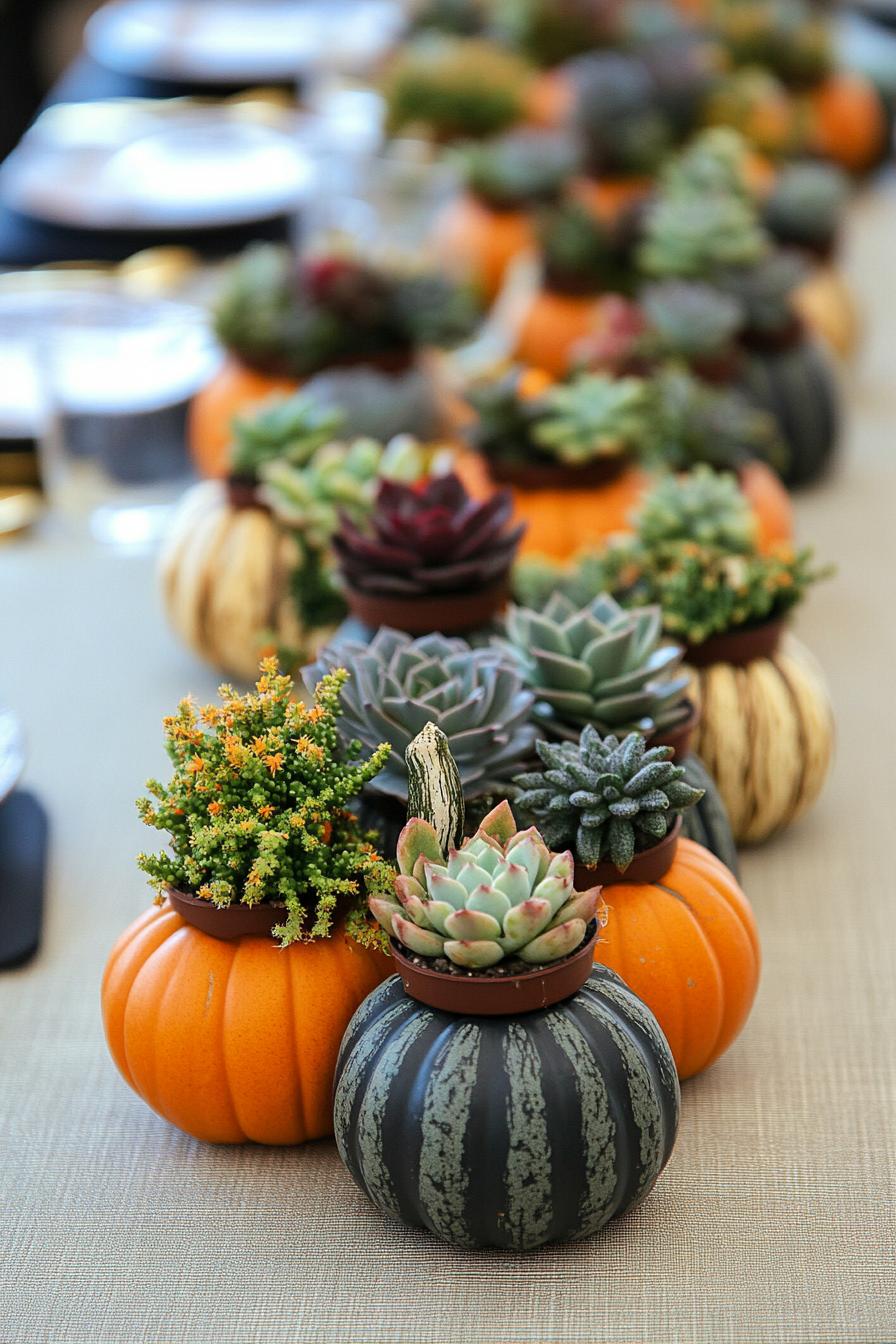 table fall centerpiece with mini pumpkins in succulent pots