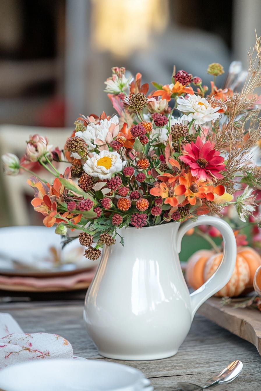 fall decor table centerpiece with white pitcher with autumn flowers 1