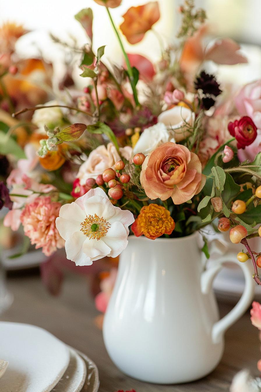 fall decor table centerpiece with white pitcher with autumn flowers 2