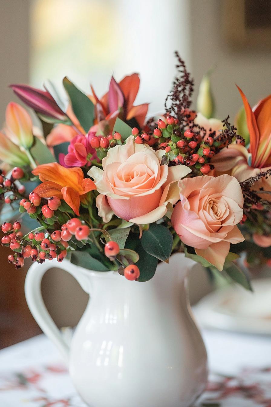 fall decor table centerpiece with white pitcher with autumn flowers 3