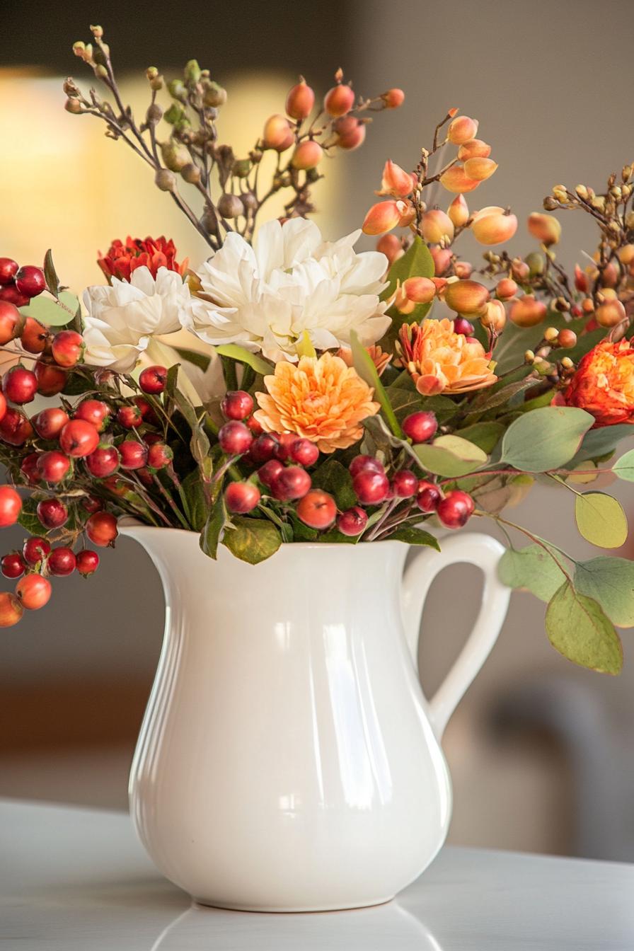 fall decor table centerpiece with white pitcher with autumn flowers