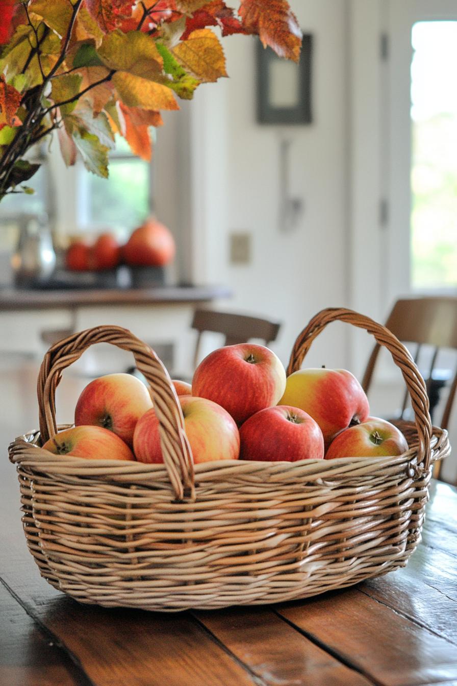 fall kitchen table decor with a vintage basket with apples 1