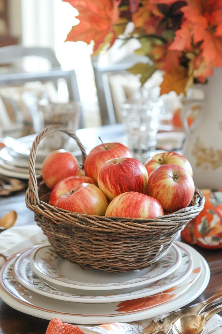 fall kitchen table decor with a vintage basket with apples 2