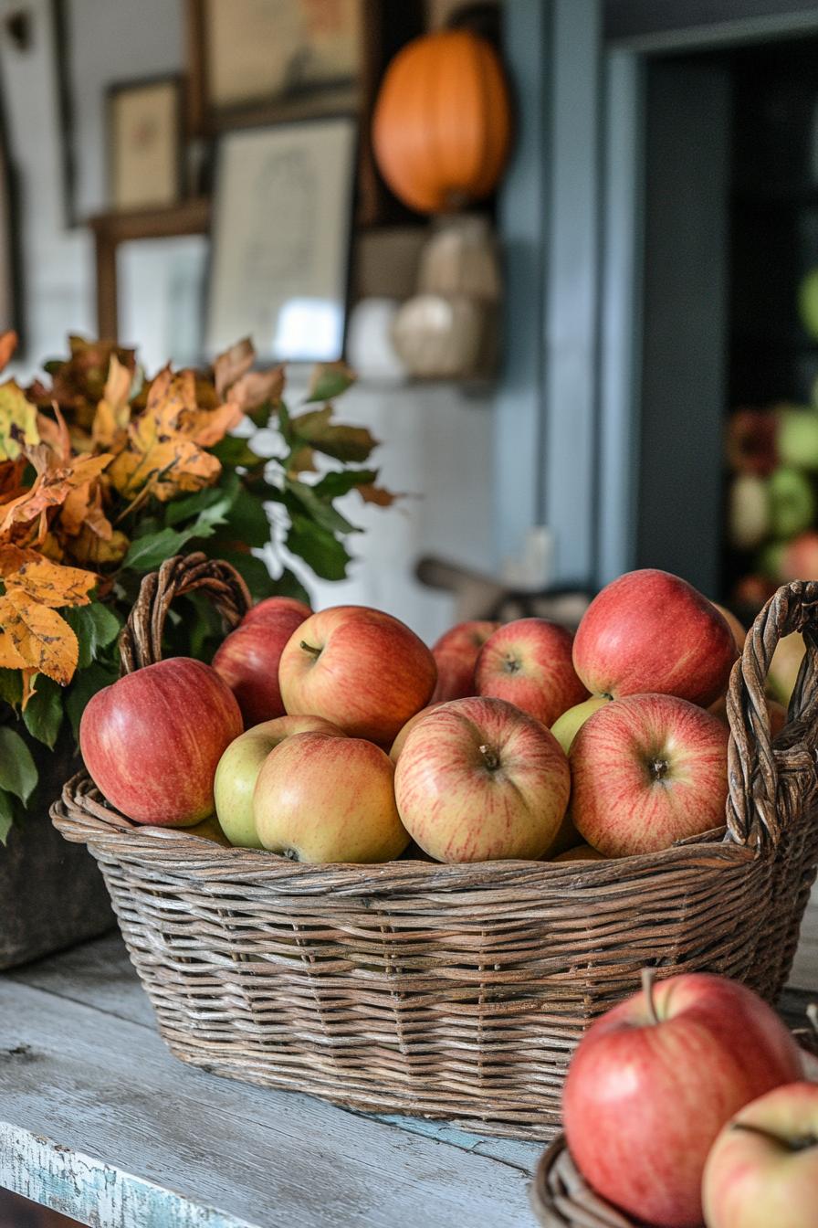 fall kitchen table decor with a vintage basket with apples 3