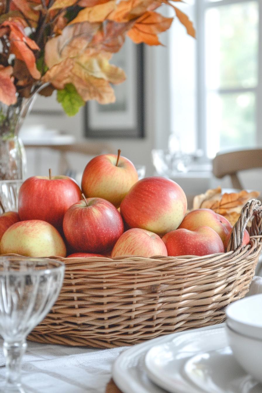 fall kitchen table decor with a vintage basket with apples