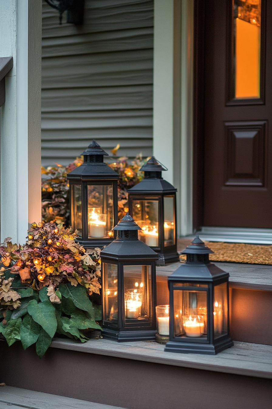 home front porch steps decorated with clusters of candle lanterns for fall decor 1