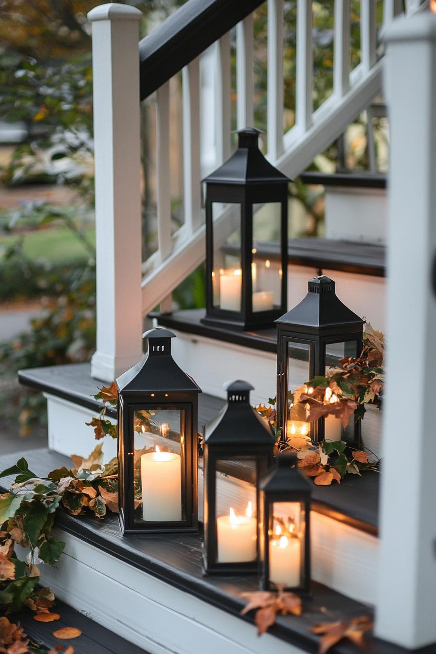 home front porch steps decorated with clusters of candle lanterns for fall decor 2