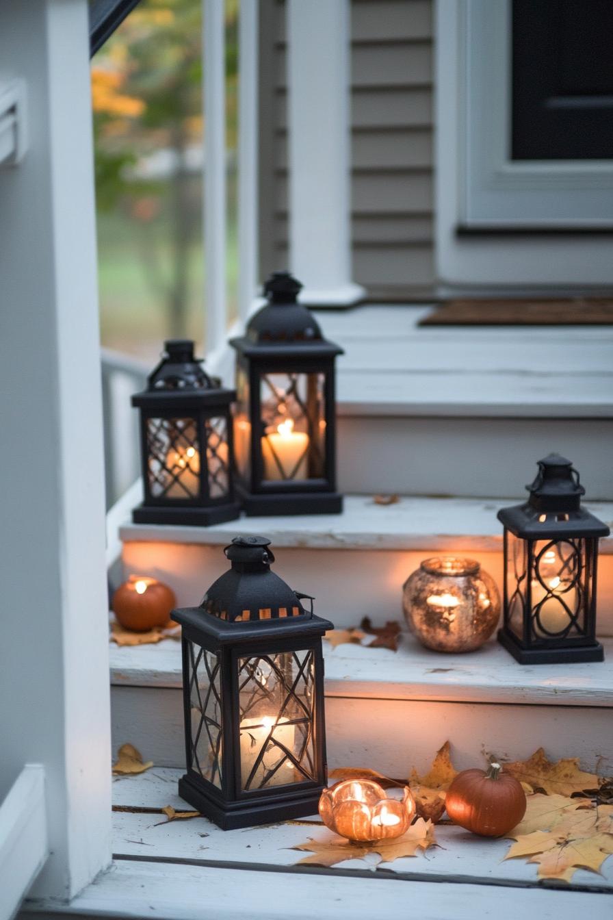 home front porch steps decorated with clusters of candle lanterns for fall decor 3