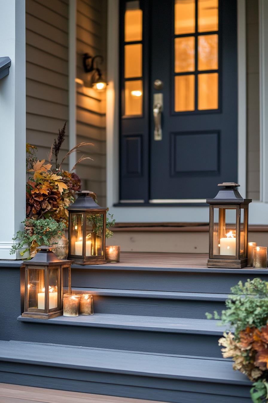 home front porch steps decorated with clusters of candle lanterns for fall decor