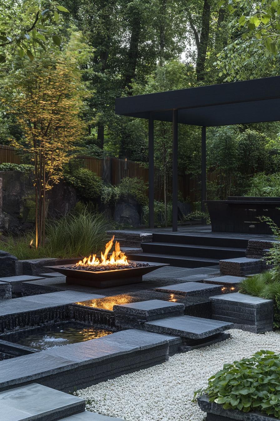 modern backyard with japanese firepit in a zend garden 2