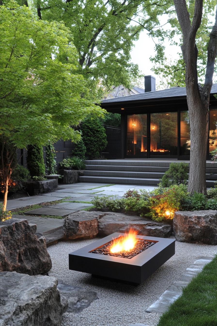 modern backyard with japanese firepit in a zend garden