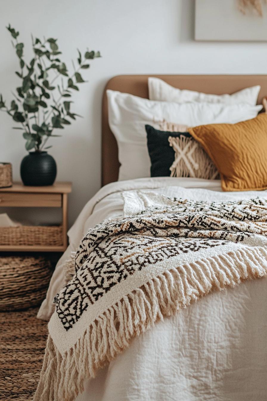 modern boho bedroom interior with cozy throw blankets in subtle patterns 1