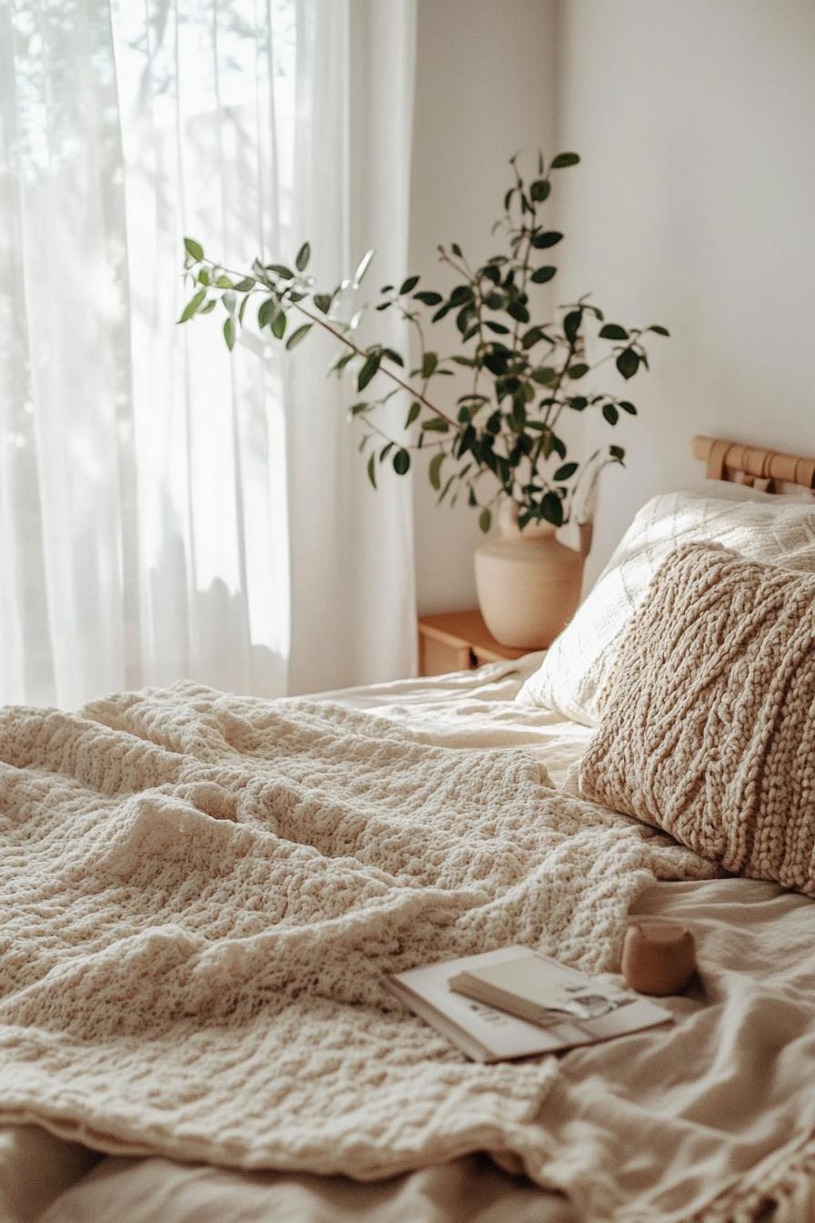 modern boho bedroom interior with cozy throw blankets in subtle patterns 2