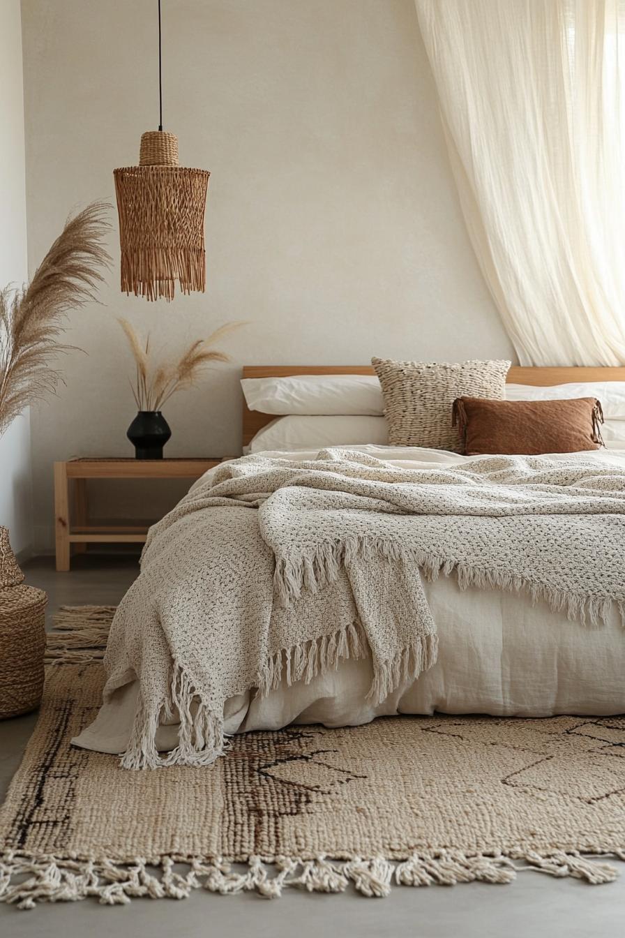 modern boho bedroom interior with cozy throw blankets in subtle patterns 3