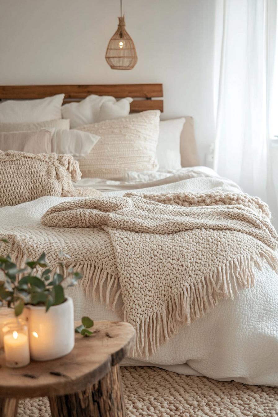 modern boho bedroom interior with cozy throw blankets in subtle patterns