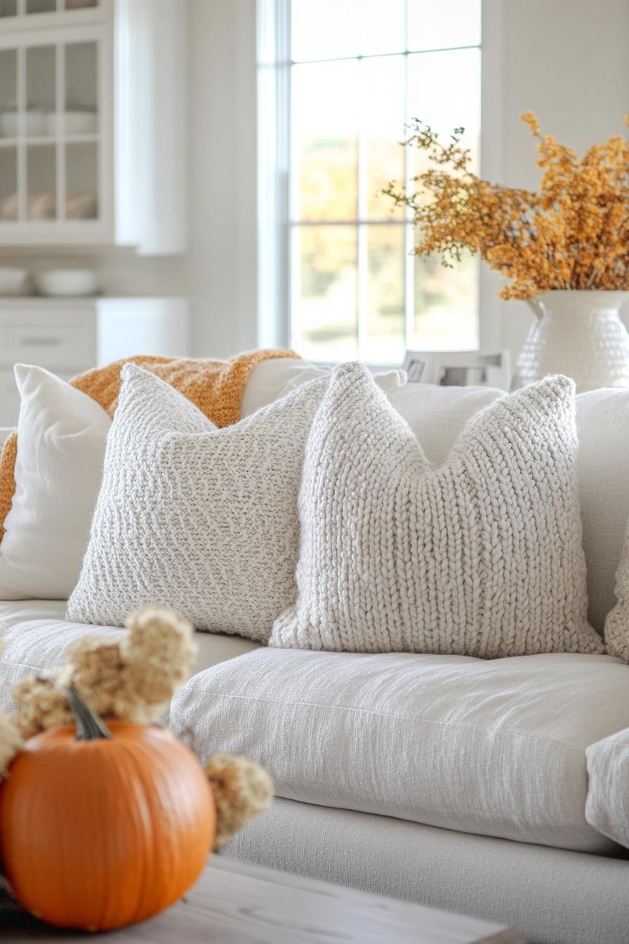 modern farmhouse interior living room sofa fall decor with chunky knit pillows 1